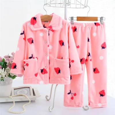 Pijama infantil inverno; детский пижамный комплект из кораллового флиса; пижама с принтом для маленьких мальчиков и девочек; детская фланелевая одежда для сна; пижамы для младенцев - Цвет: Pink strawberry