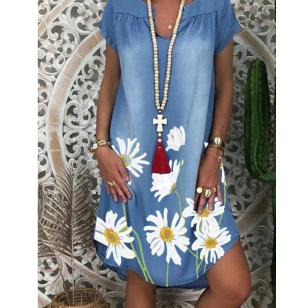 

Lugentolo Summer Print Jean Dress Womens Loose Casual Fashion Denim Short Sleeve V-neck Retro Dresses