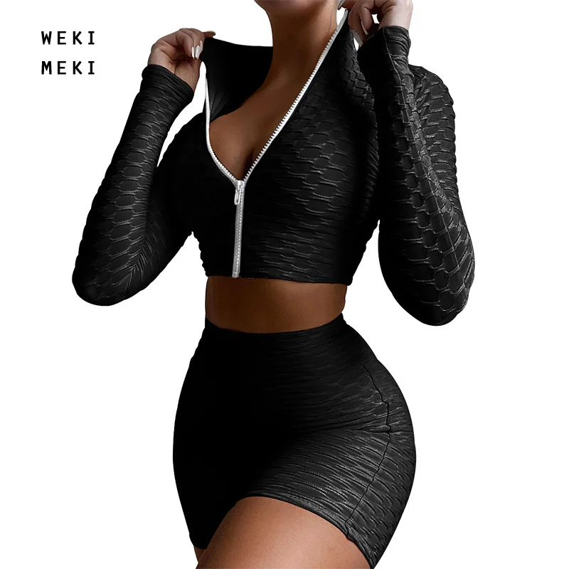 

WEKI MEKI Summer Casual Sweatsuit for Women Two Piece Set Long-sleeved Short Top + Shorts Sports Fitness Two-piece Suit Sets