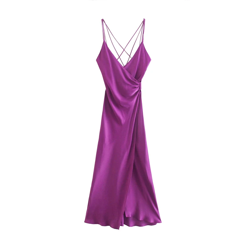 

TTBD Women camisole dress with knot Woman v-neck backless cross thin straps slit Dresses Female sexy elegant Summer Party dress