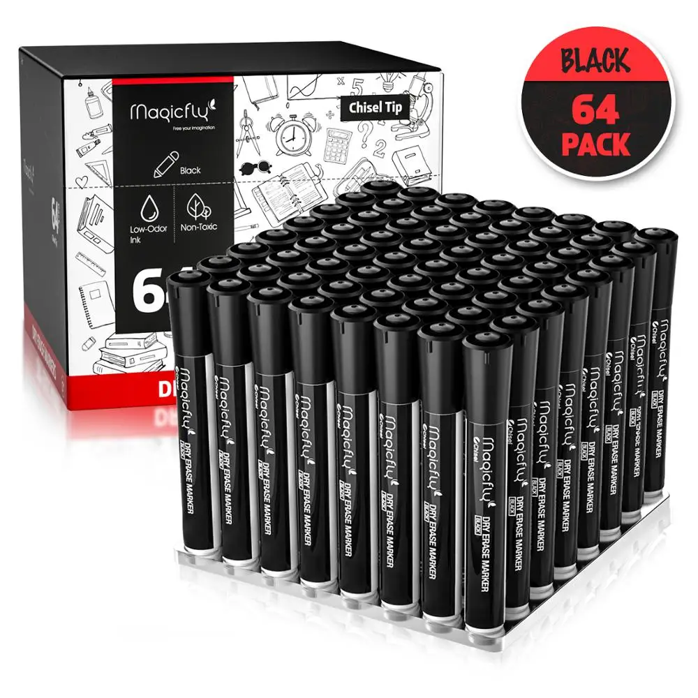 Rantion 64packs Dry Erase Markers, Black Color Whiteboard Pens with Chisel Tip, Perfect for School Office Home Art Supplies
