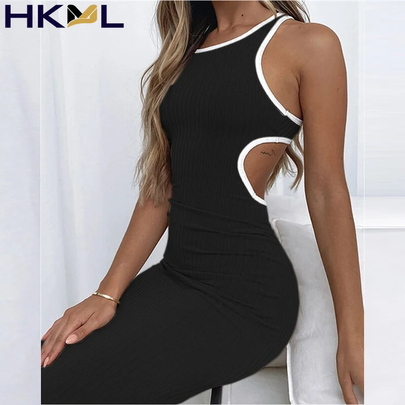

2021New Women Dress O Neck Sleeveless Solid Ribbed Hollow Out Vest Ribbed Party Dress Spring Summer