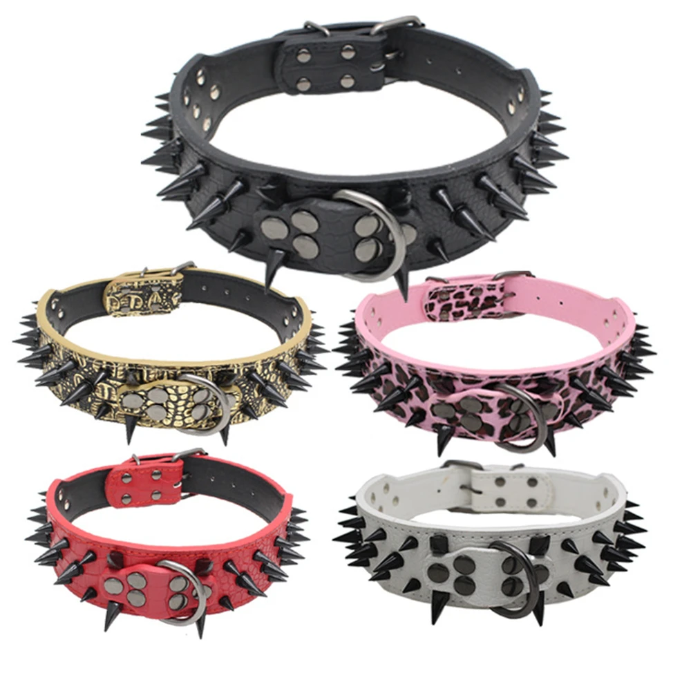 

2 inch Dog Collars With Spikes For Medium Large Dog Pitbull Bulldog Boxer Big Spiked Collar Plastic PU Leather Metal Studded