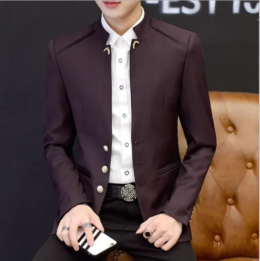 

Chinese Style Mandarin Collar Casual Blazer for Men Stand Collar Blazer Hombre Single Breasted China Tunic Jacket Zhongshan Suit