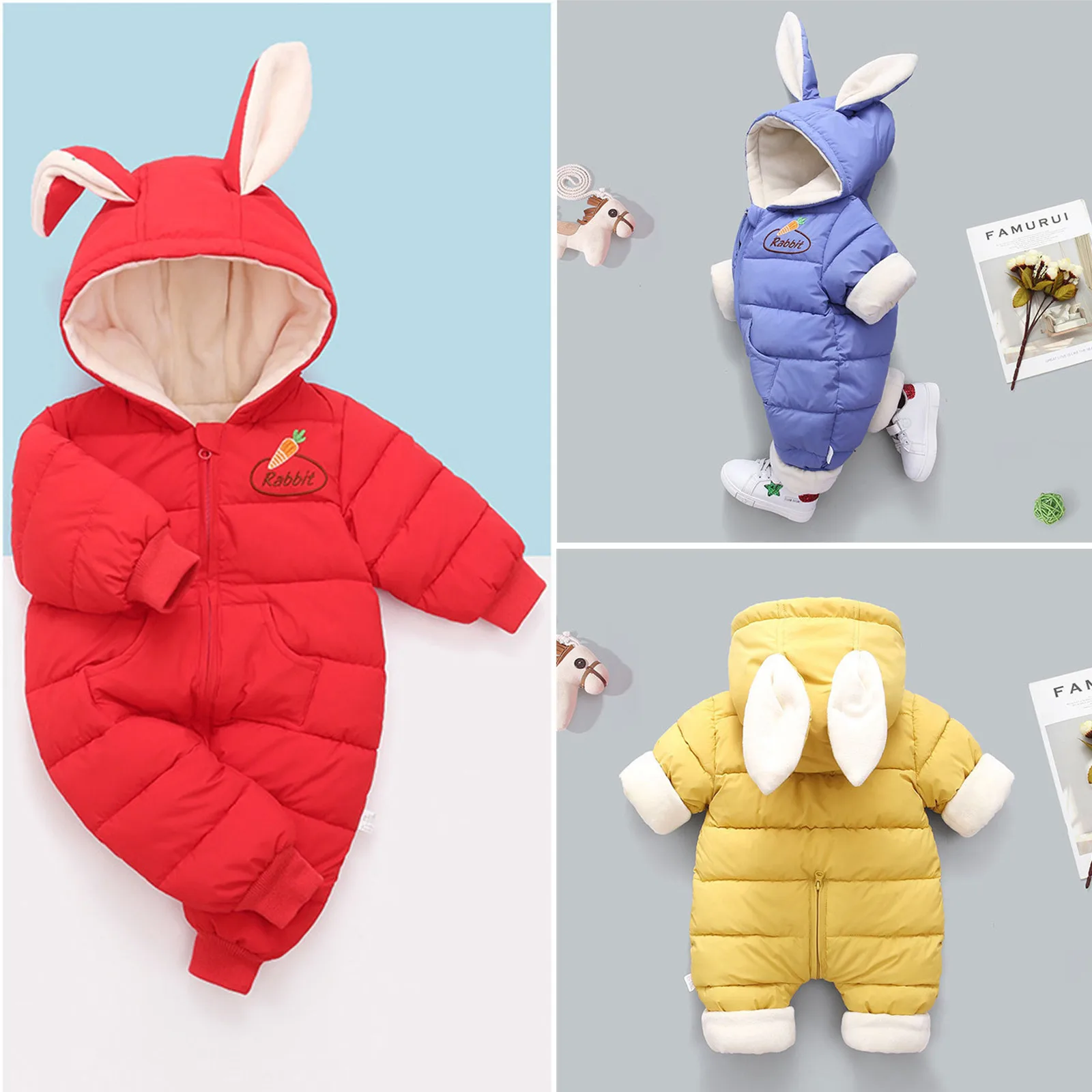 

Зимние детские комбинезоны, Одежда для новорожденных мальчиков и девочек, комбинезон с капюшоном и кроличьими ушками, костюм для младенцев,...
