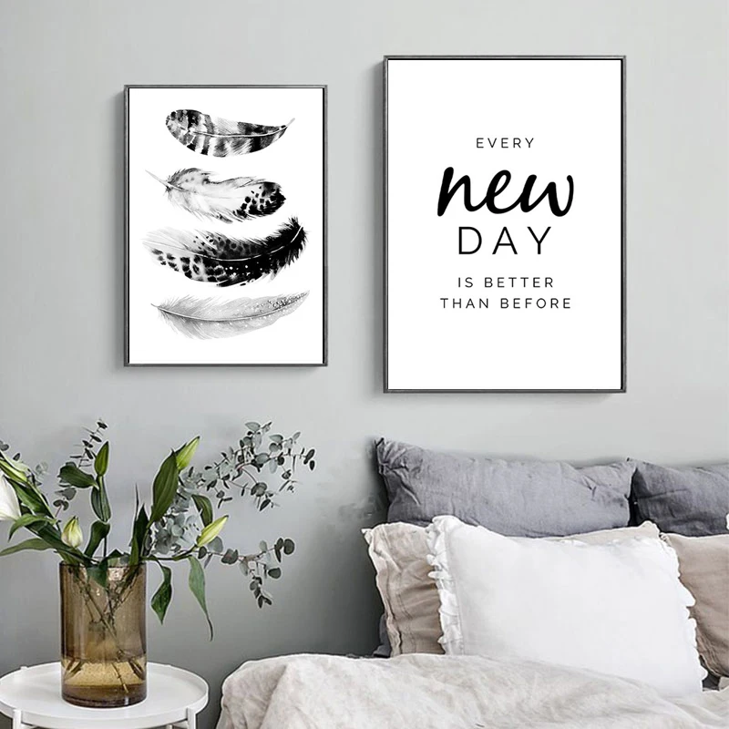 

Black and White Wall Art Rose Flower Canvas Painting Feather Quote Posters and Prints Minimalist Pictures for Living Room Decor