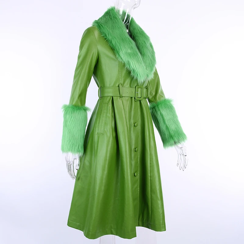 WannaThis Faux Leather Fur Coat Women With Belt Warm Thick Outwear PU Leather Streetwear Female Elegant Outwear Long Coat Green
