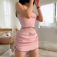 2022 summer new sexy top letter drill drawstring pink pleated skirt two piece set mini party outfit club women suit high stretch