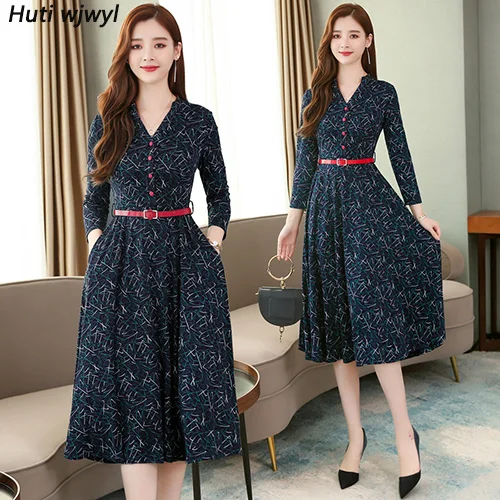 Dark Blue Винтажное Хлопковое платье-миди Boho с принтом; сезон осень-зима; 3XL; большие размеры; платье с длинными рукавами; элегантные женские облегающие вечерние платья - Цвет: Dark Blue
