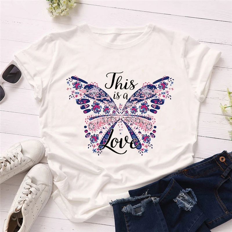 

Luslos 2020 New Harajuku Aesthetics Tshirt Women Floral Heart Love Print Short Sleeve Tops & Tees Fashion Casual Couple T Shirt
