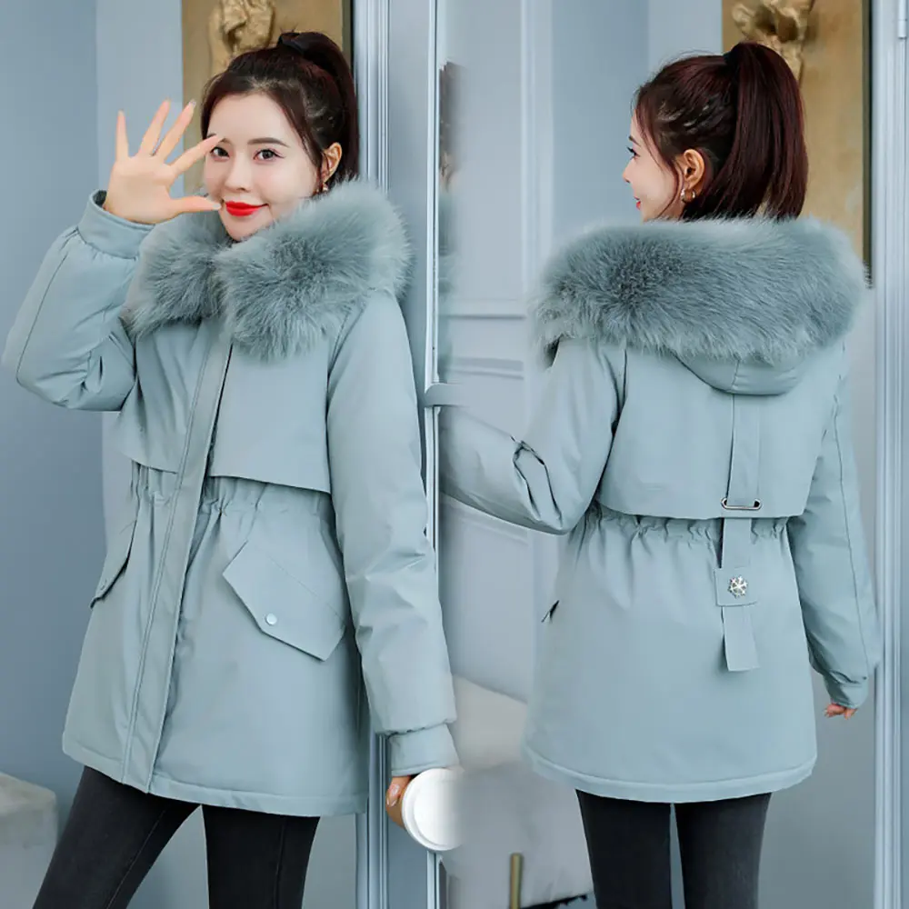 GRELLER 2021 New Winter Jacket Women's Parkas Hooded Coat Casual Short Fur Lining Cotton Padded Warm Female Jacket Coat Outwear