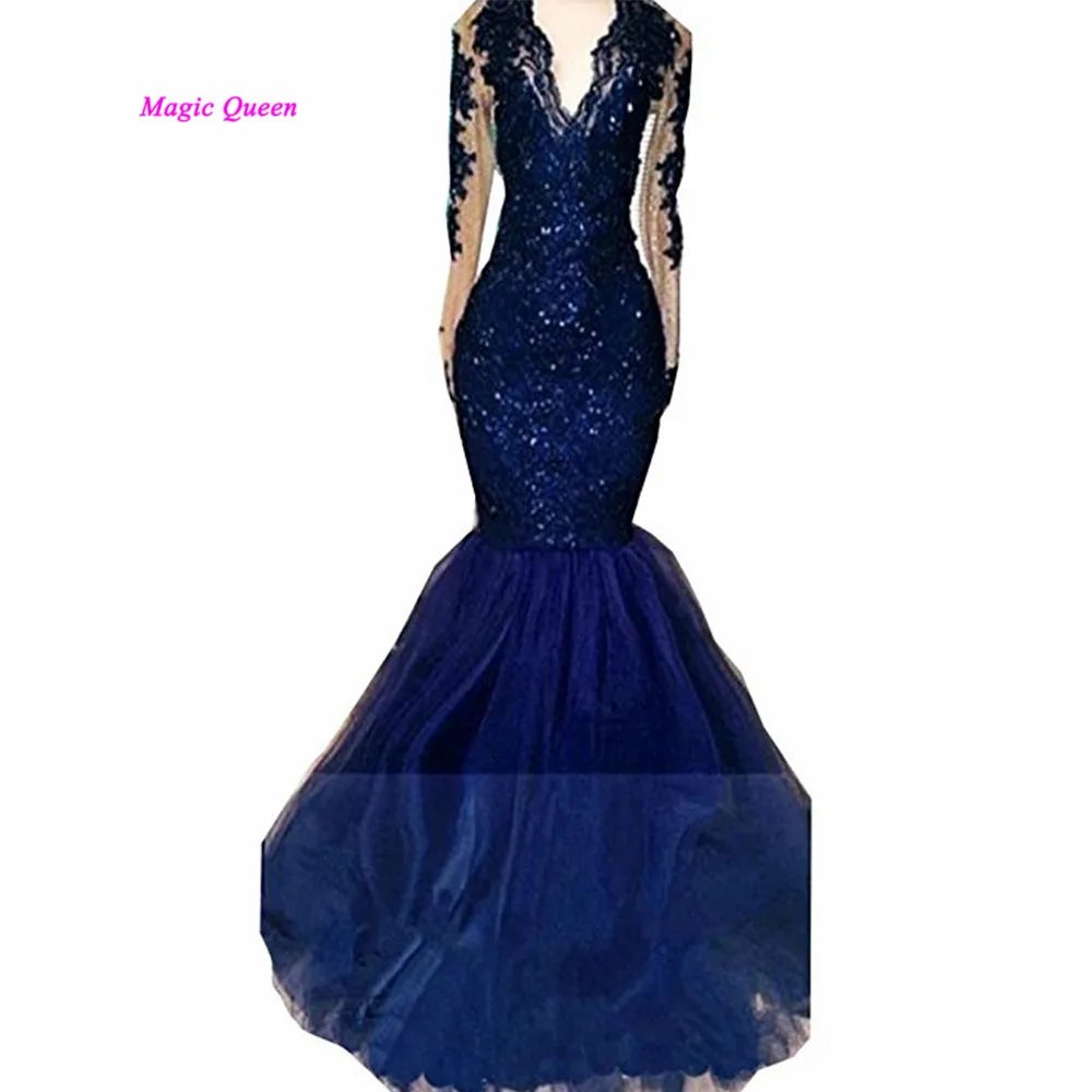 Robe de Soiree Longue темно синие стильные вечерние платья с длинным рукавом кружевное