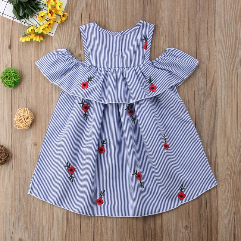

Clearance Summer Cotton Sundress Baby Girl Dress Rose Flower Striped Off Shoulder Ruffles Round Neck Sleeveless Party Dresses