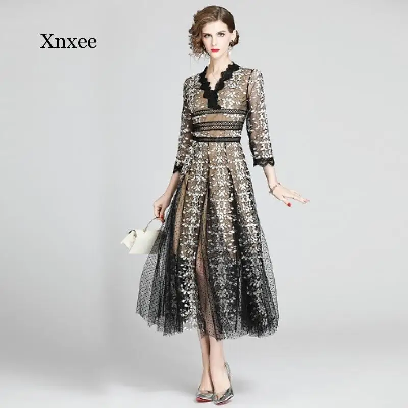 

Spring Woman Clothing Embroidery Mesh Midi Fairy Dress Woman Long Sleeve V Neck Lace White Dresses Party Lady Vestidos Clothing