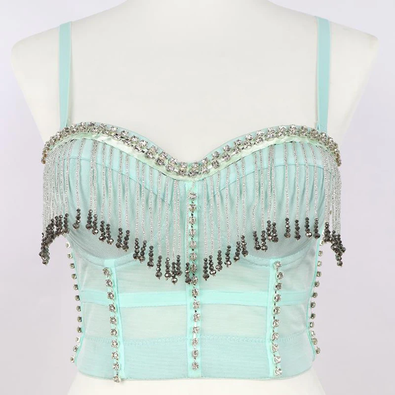 

Hand-made Diamond Tassels Bralette Women's Vest Dancer Party Club Performance Wear Bralet Corselets Bustier Bra Cropped Tops