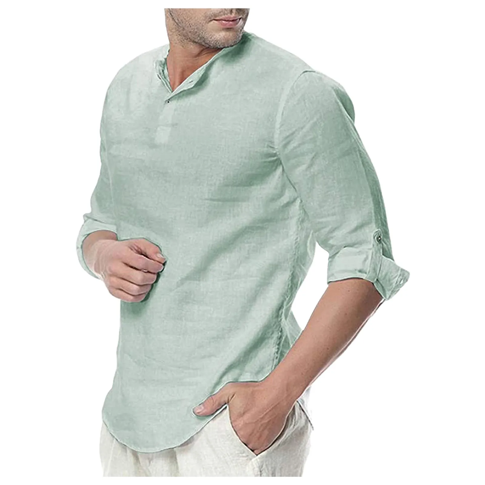 

Men's Summer Autumn Fashion Shirt Casual Round Neck Sleeve Solid Color T-shirt Top Business Leisure Men Polo Shirt Chemise Homme