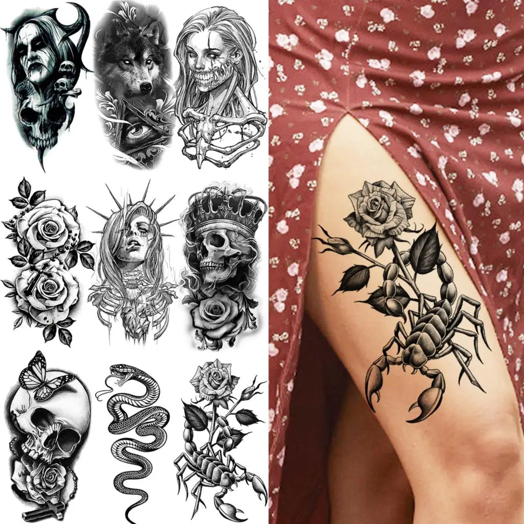 

Scorpion Rose Flower Temporary Tattoos For Women Adults Realistic Vampire Wolf Scary Snake Crown Fake Tattoo Sticker Arm Tatoos
