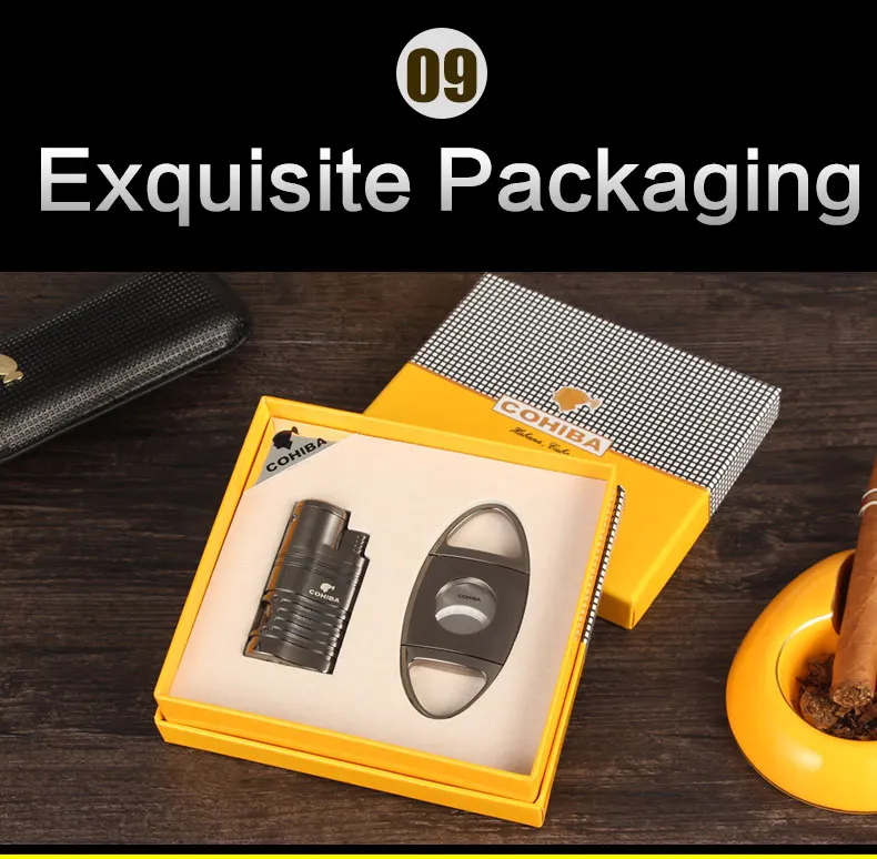 COHIBA сигарный набор металлическая коробка для Сигар Зажигалка газ-бутан ветрозащищенная 3 струйные Зажигалки W/удар из нержавеющей стали Острый сигарный нож