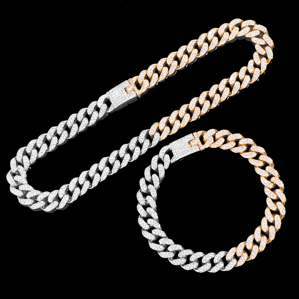

13MM Hip Hop Rapper Luxury Miami Cuban Chain Necklace For Women Men Iced Out Bling Rhinestone Cuban Choker Necklace Punk Jewelry