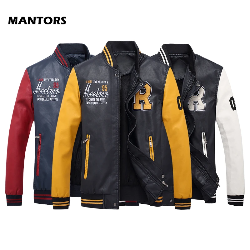 Кожаная куртка-бомбер для мужчин 2019 осень зима ПУ мотоциклетная куртка флисовая