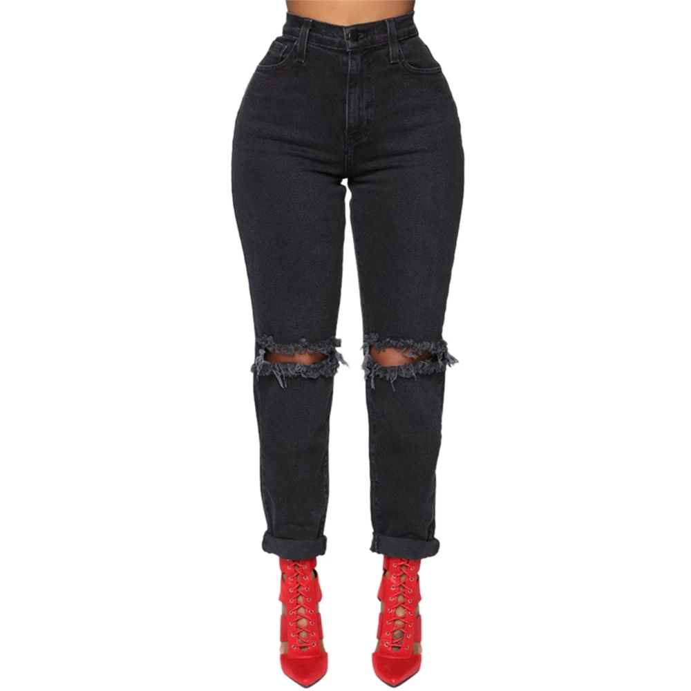 

Однотонные женские джинсы с потертостями, с высокой талией, на молнии, узкие брюки с дырками, модные джинсы Mujer # e