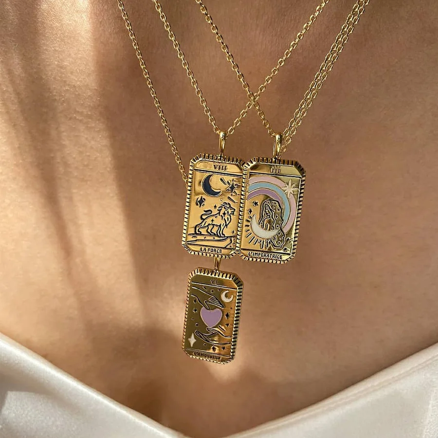 

Square Amulet Pendant Tarot Cards Vintage Necklace Women's Jewelry Gift Gold Plated Collar For Female Chain Zodiac Moon Sun Love