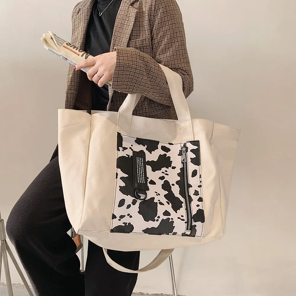 

Casual Cow Pattern Canvas Large Capacity Tote Women Handbags Designer Shoulder Crossbody Bags Lady Students Big Shopper Bag 2021