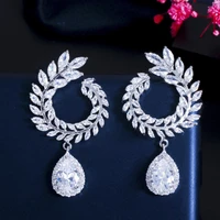 threegraces sparkling white cubic zirconia silver color olive branch leaf dangle drop earrings for women wedding jewelry er465