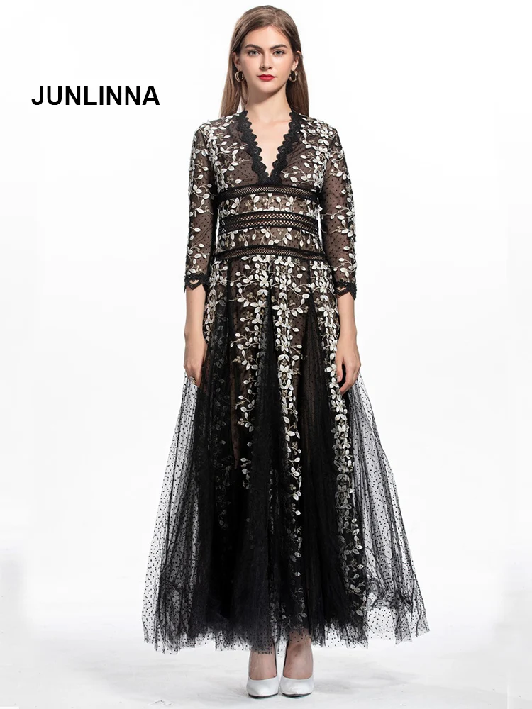 

New 2021 Fashion Designer Autumn Long Dress Women's V-Neck Lace Embroidery Applique Black Mesh Party Dress
