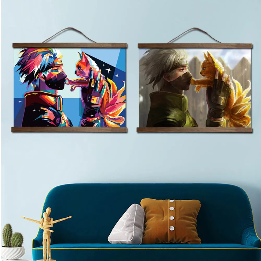 

Japanese Anime Posters and Prints Canvas for Living Bedroom Kakashi and Cat Wall Art Picture Poster Wood Scroll Painting decor