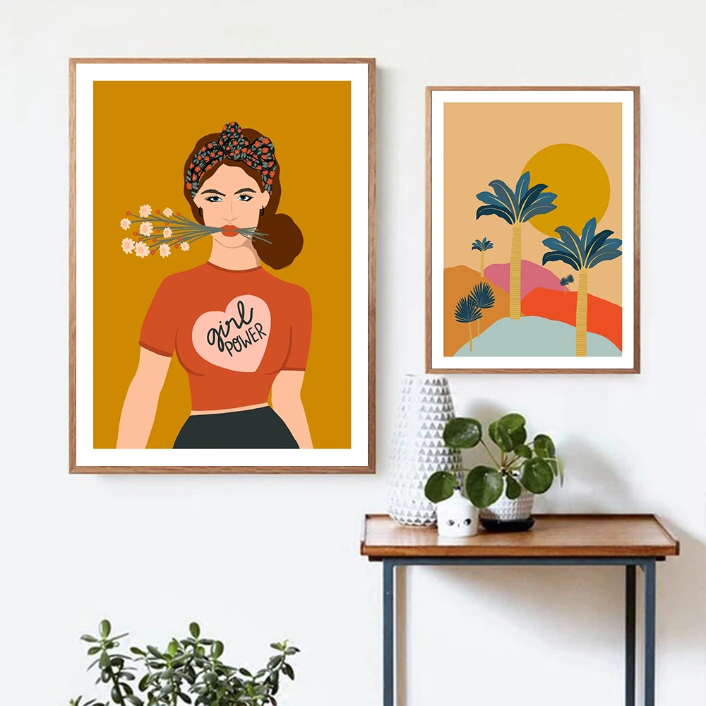 

Modern Dark Yellow Background Abstract Fashion Girl Wall Art Canvas Painting Picture Sun Posters and Prints Gallery Home Decor
