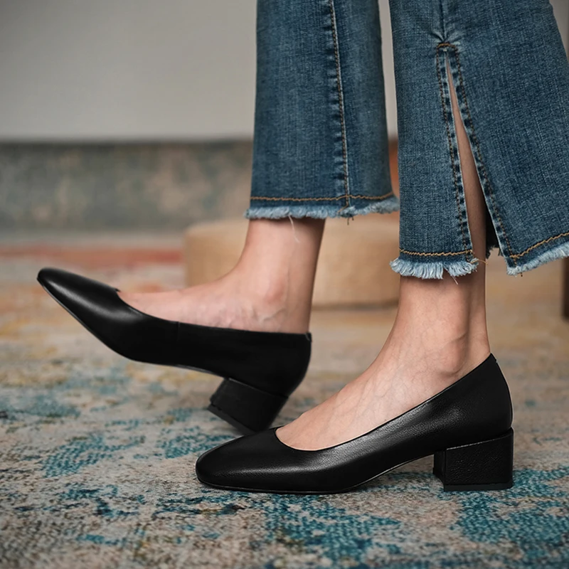 

Office Ladies Pumps Hot Sale Spring Party Wedding High Heel Shoes Women Genuine Leather Woman Square Toe Retro Pumps