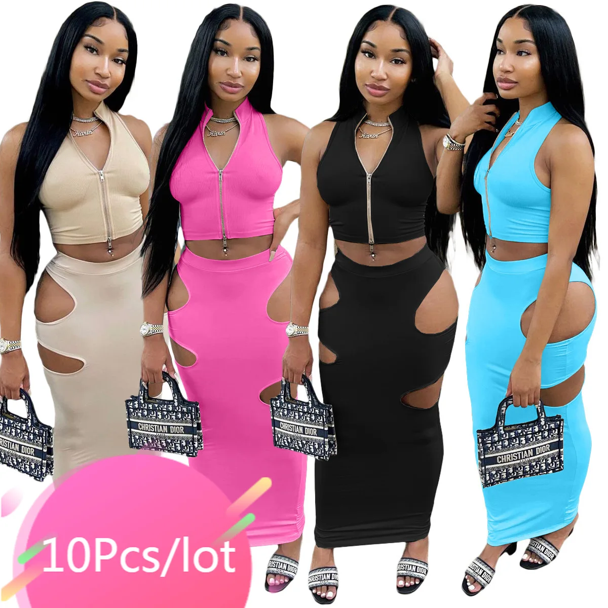 

Bulk Items Wholesale Lots Women Summer 2 Piece Sets Zipper Sleeveless Crop Top Hollow Out Long Skirt Set Sexy Club Party Outfits