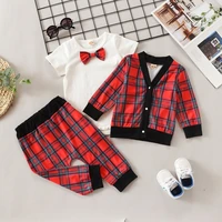 new spring autumn baby boy clothes set 3 pcs sets bow short sleeve rompersplaid coattrousers party wedding baby clothes 0 18m