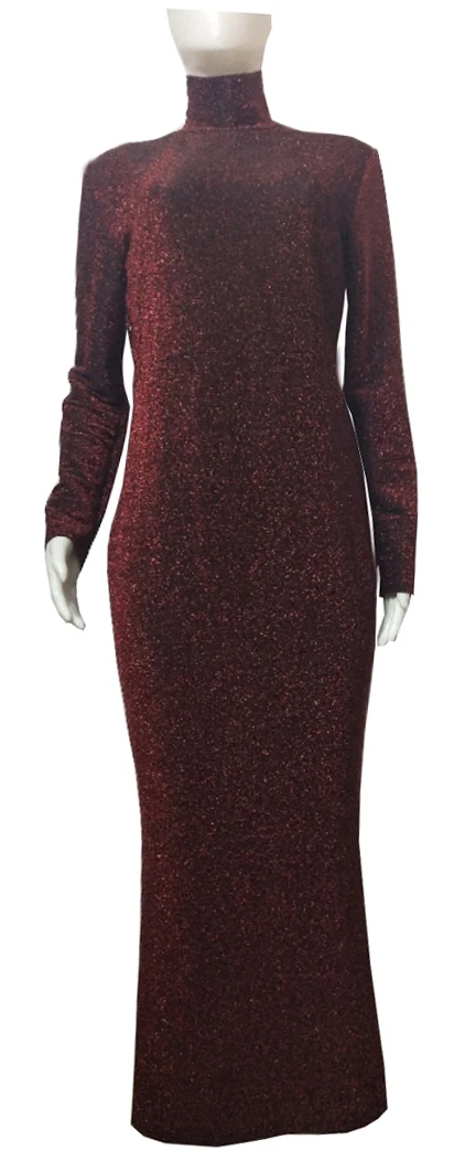 

Women Fashion Shiny Blingbling Bodycon Stretchy Long Dress Lady Solid Long Sleeve High Waist Turtleneck Party Maxi Dresses