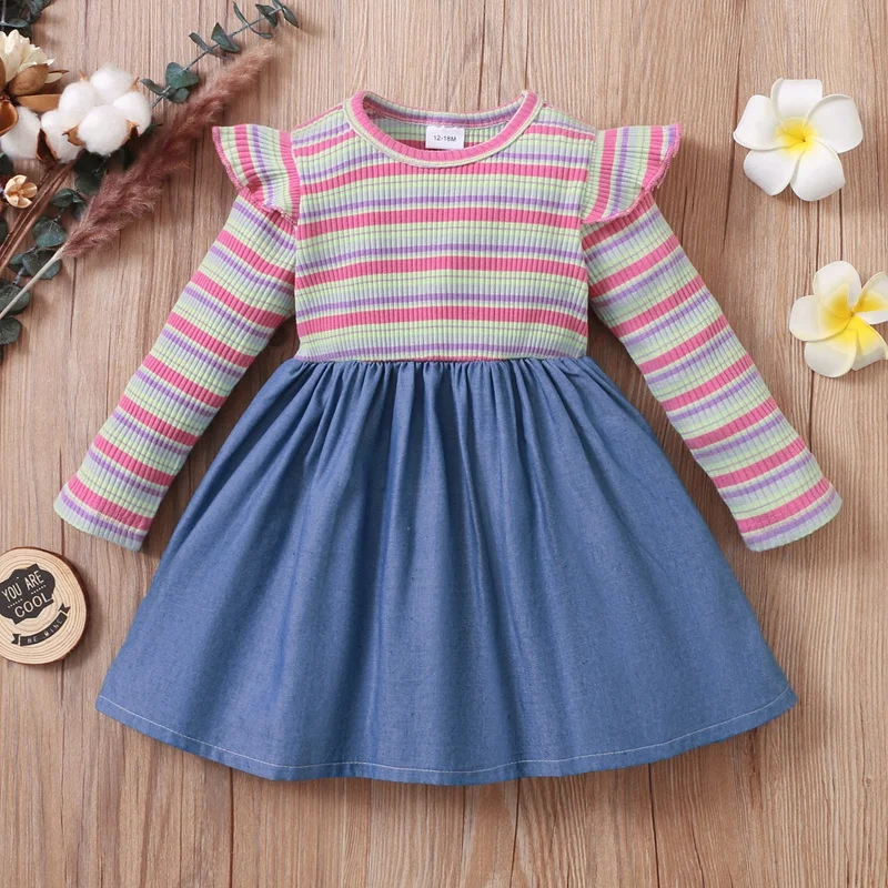 

Ecavus Striped Print Girls Dress Sweet Round Neck Lotus Leaf Sleeve Stitching Princess Dress Spring Cotton Children's Clothes