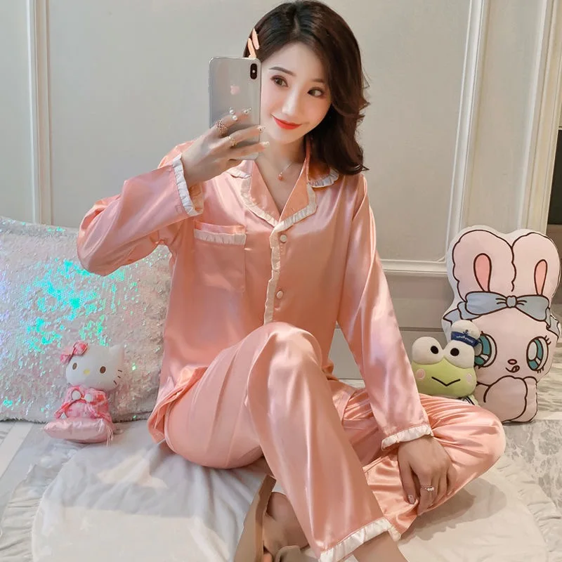 

M-5XL Ice Silk Sleepwear Plus Size Pyjamas Long Sleeve Casual Homewear Spring simulation silk Casual Pajamas Sets for Women