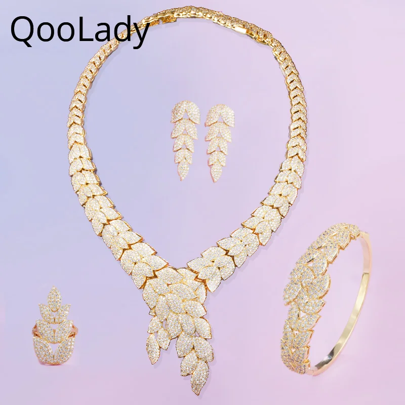QooLady роскошные невесты 4 шт Дубай золотые Ювелирные наборы серьги ожерелье браслет кольцо Naija Свадебные аксессуары заявление Z049