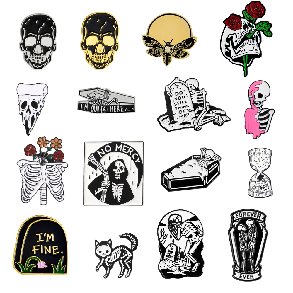 Хэллоуин Череп эмаль булавки броши в форме скелета Ужасов Зомби Мумия цветок