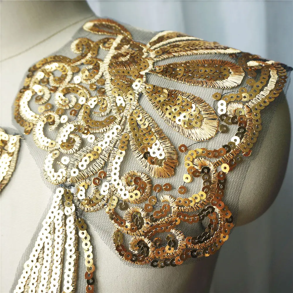 Вышитая кружевная аппликация золотые блестки цветок свадебное благородное