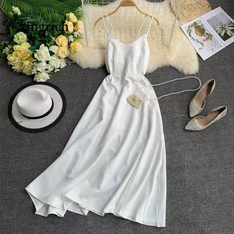 

New-Coming Spring Summer Holiday Dress Cross Spaghetti Strap Open Back Solid Beach Style Ankle-Length Women Dresses