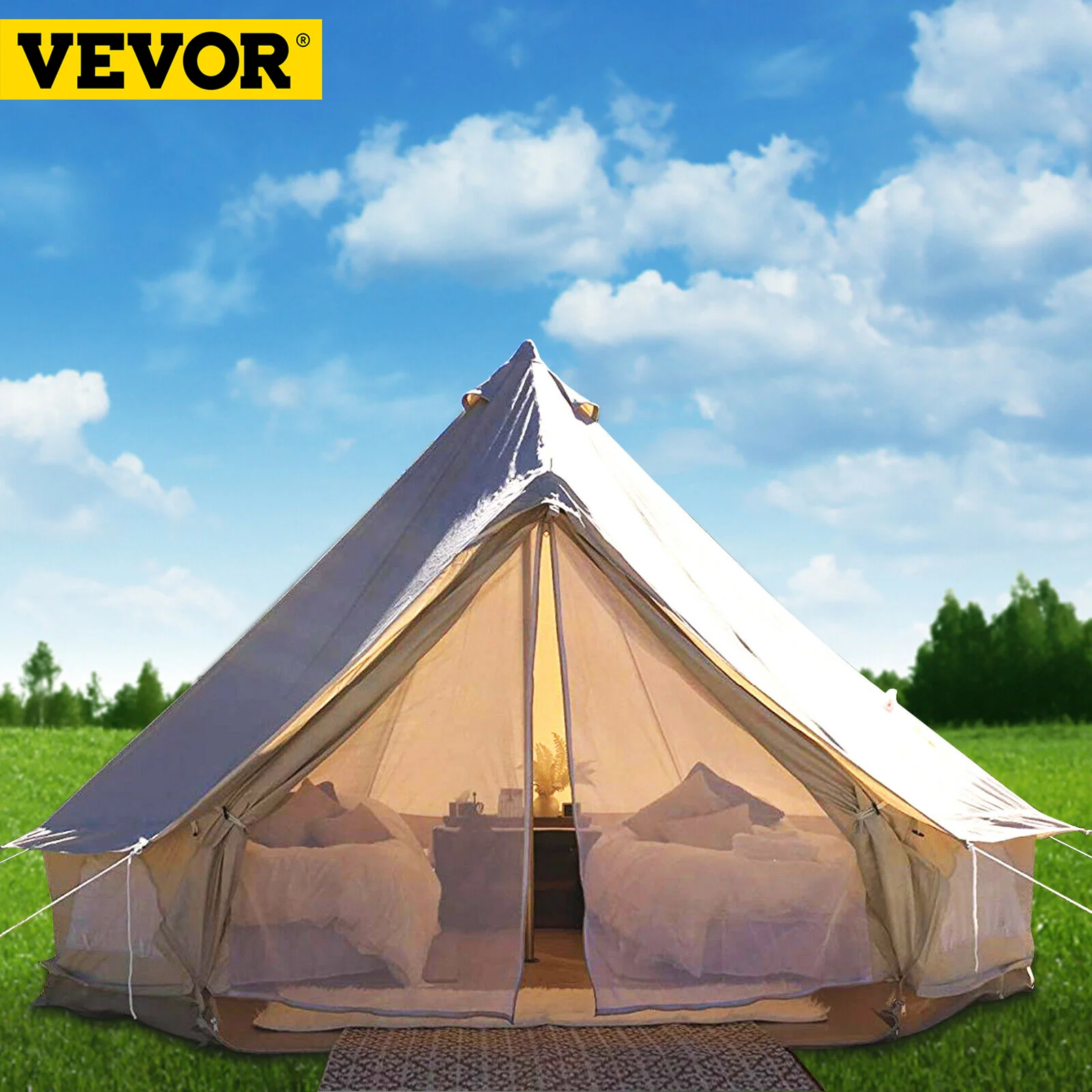 

VEVOR 4-12 Person Camping Tent 3-7m Waterproof Cotton Canvas Bell Tent Outdoor 4 Seasons Family Party Picnic Yurt W/ Stove Hole