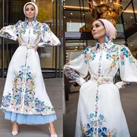 new arabic womens digital printed mid waist long dress muslim fashion puff sleeves lapel robe