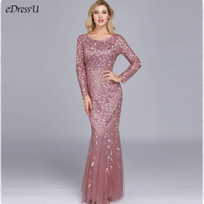 

O-Neck Elegant Long Dress Mermaid Evening Dress Sequin Evening Party Dress Vestido de Fiesta Robe Formal Prom Dress HJQ-00006