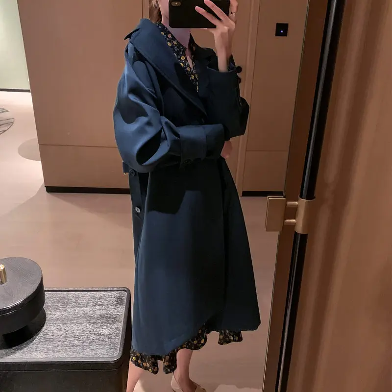 

Trench Coat Female 2020 Spring New Korean Loose Double-breasted Mid-length Coat Women Double Breasted Navy Long Outerwear r417