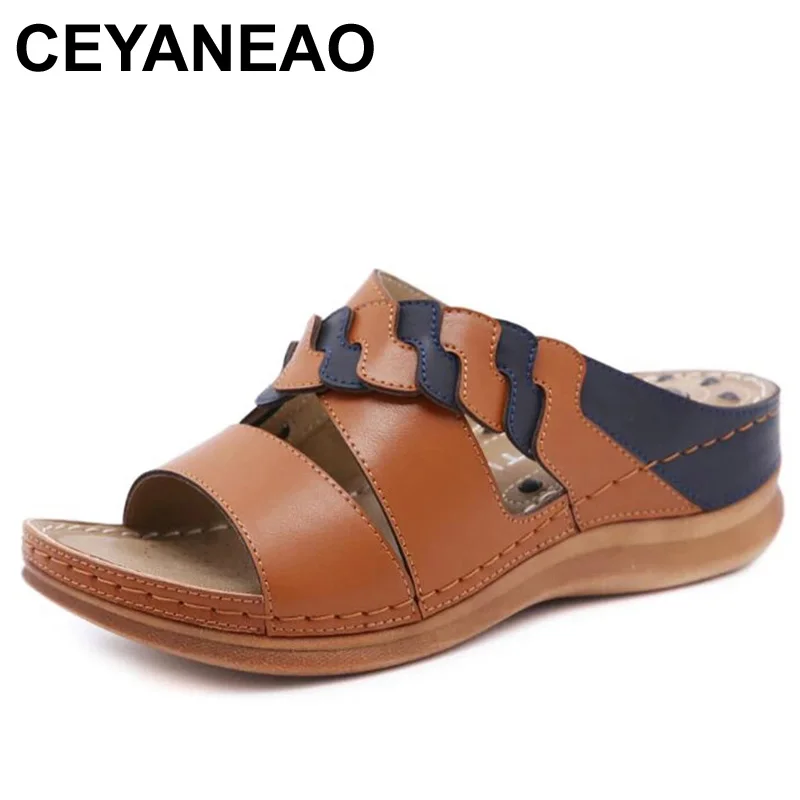 

CEYANEAO Summer outdoor round head stitching women's sandals car stitching non-slip massage slope heel women's slippers large