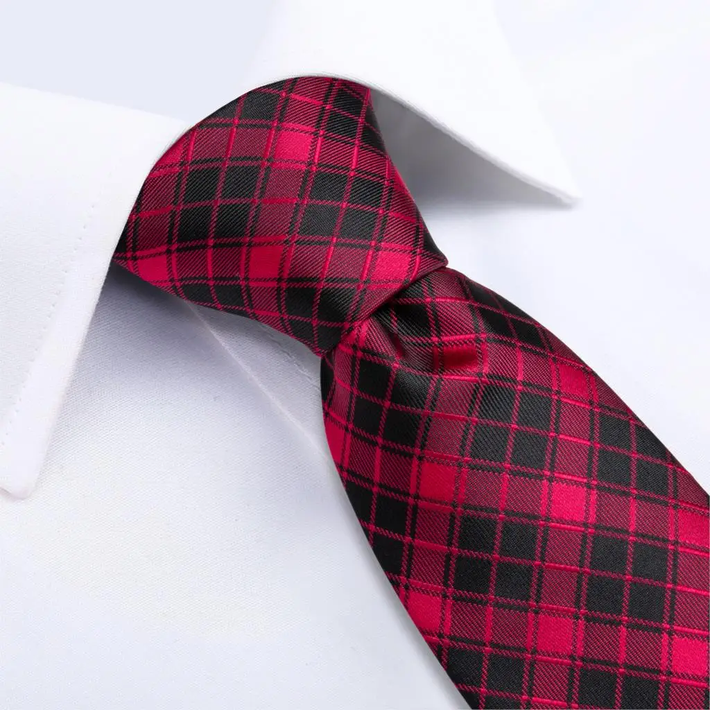 Модный мужской галстук красный черный в клетку Свадебный для мужчин Hanky запонки
