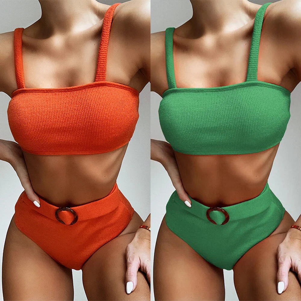 Трикотажное бикини 2020 сексуальное однотонное оранжевое/зеленое с высокой талией