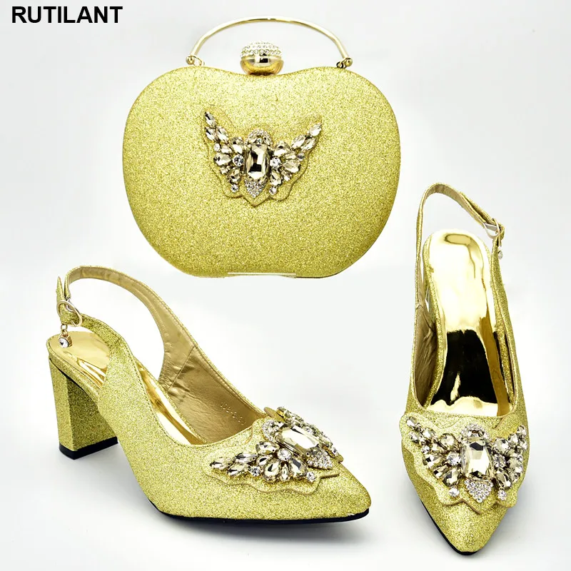 Новейший комплект из туфель и сумочки золотого цвета в нигерийском стиле