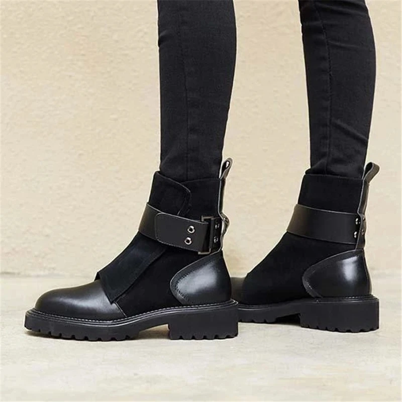 

Siddons Flock Leather Women's Winter Boots 2020 Buckle Strap Autumn Gothic Shoes Woman Punk Style Low Heels Women's ankle boots